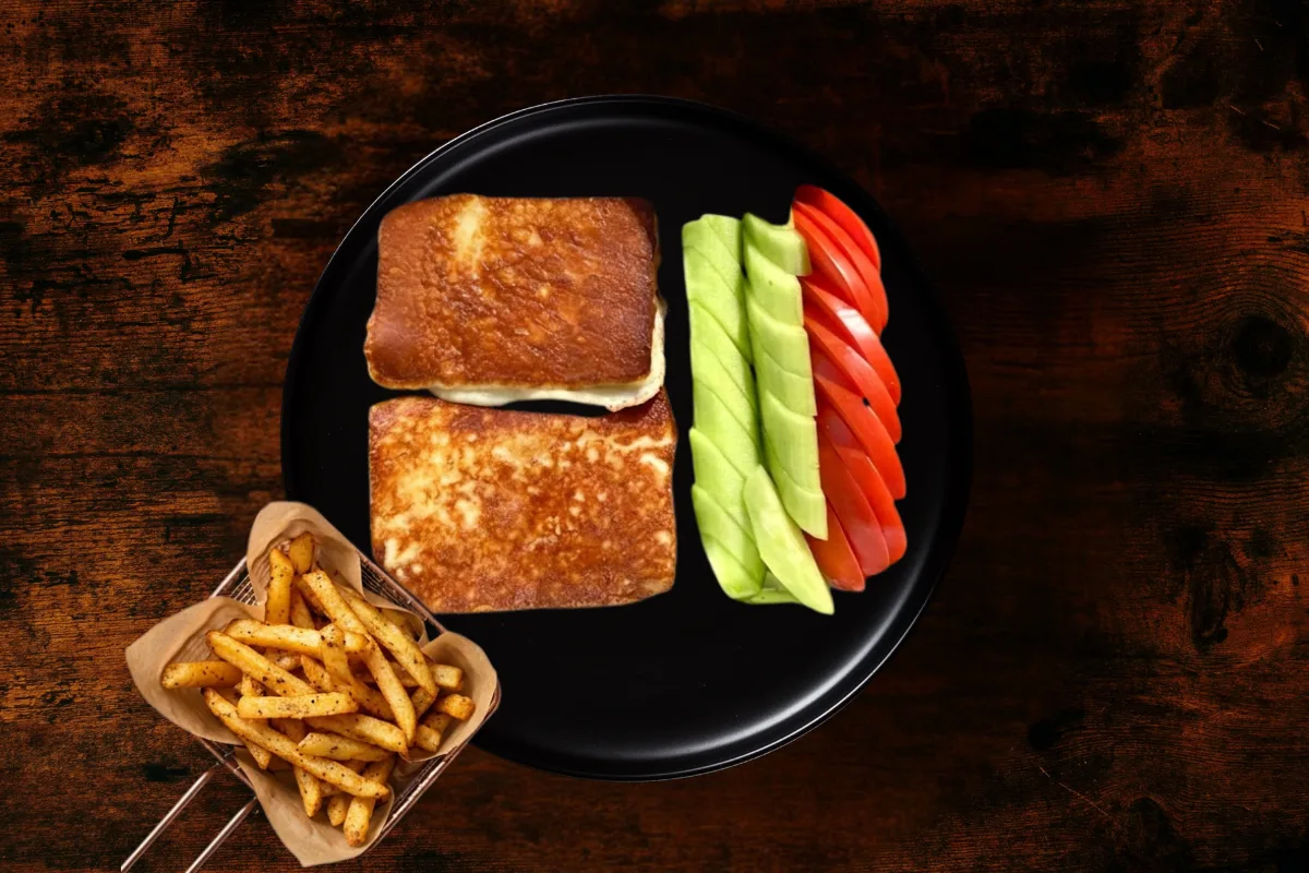 Yellow cheese on slice with 2 side dishes