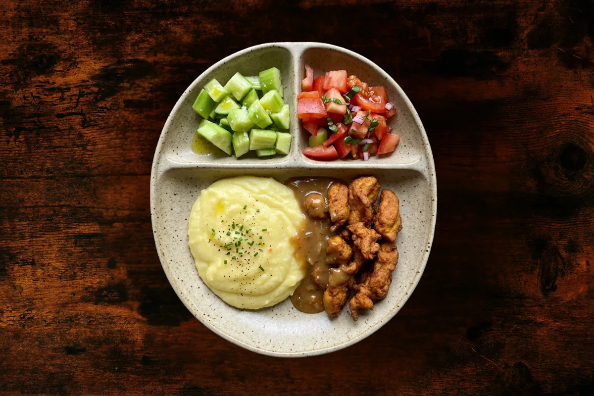 Chicken bites with pepper sauce and mashed potatoes with side dish tomatoes cucumbers