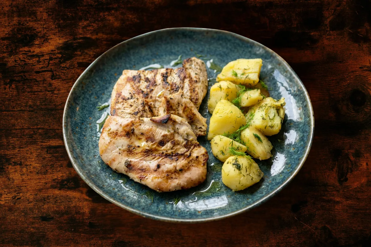 Marinated turkey fillet with spices grilled with side dish potatoes sauteed