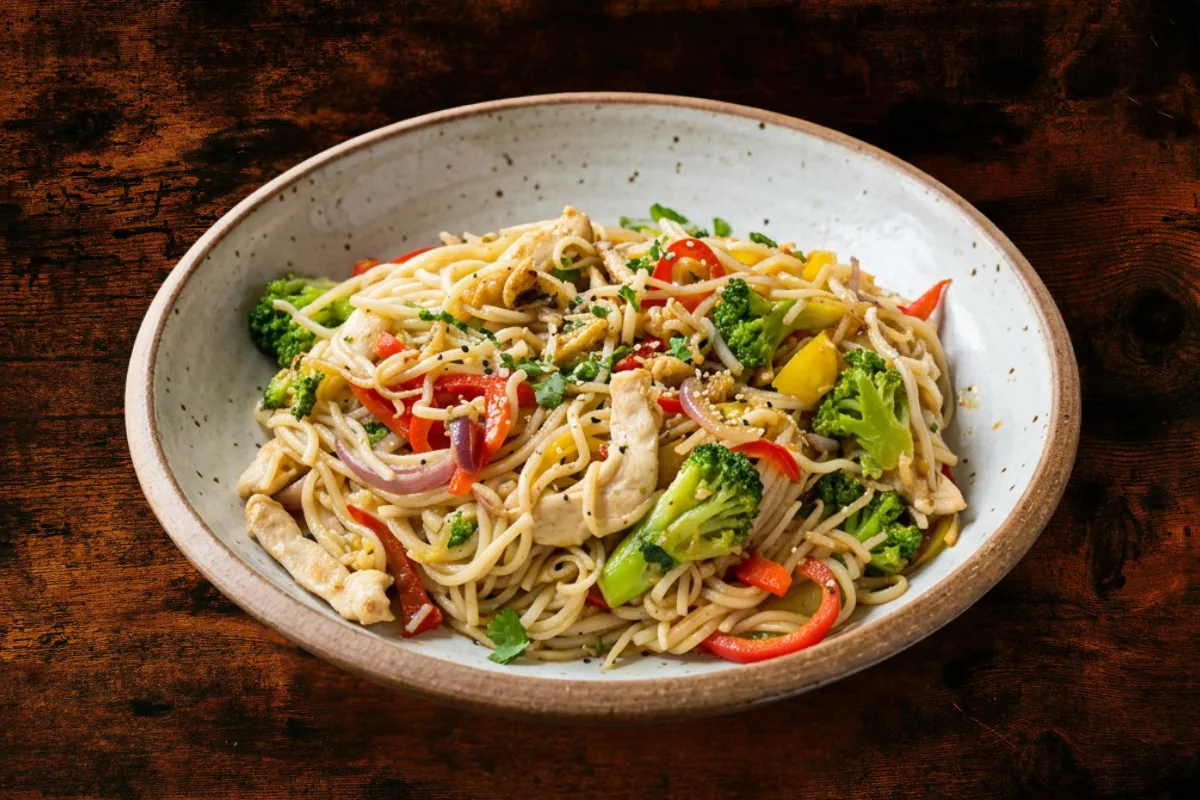 Noodles with chicken teriyaki and vegetables