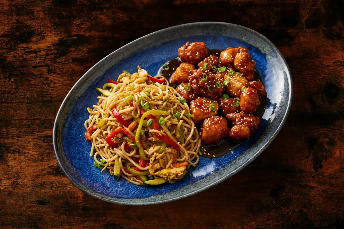 Chicken bites in jam sour sauce with side dish egg noodles with vegetables and roasted sesame