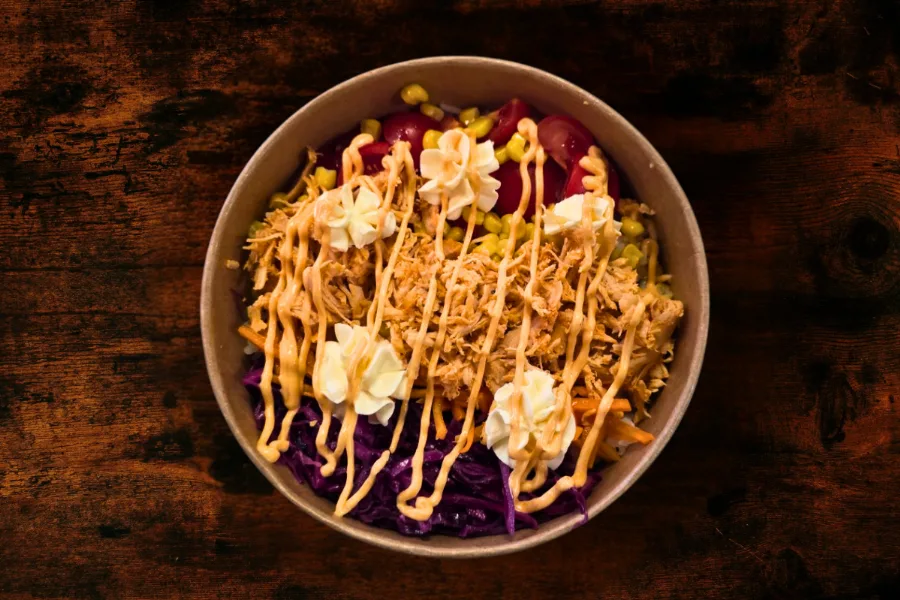 Poke bowl with roasted pulled chicken fillet