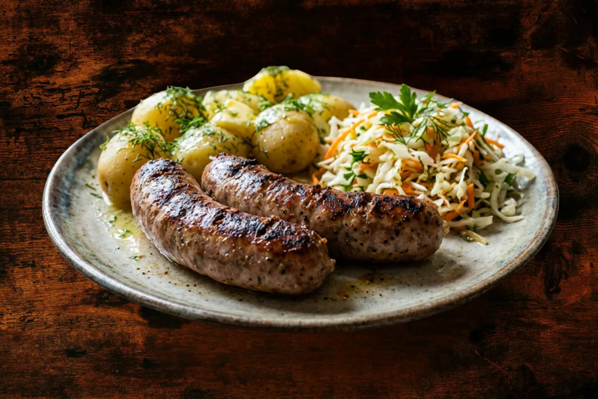 Grilled coarse-ground sausage with fresh potatoes (with butter and dill) and a cabbage and carrot salad.